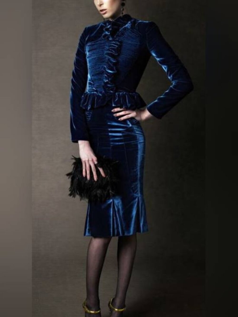Tom Ford AW11 Blue Velvet Pleated Ruffle Peplum Jacket